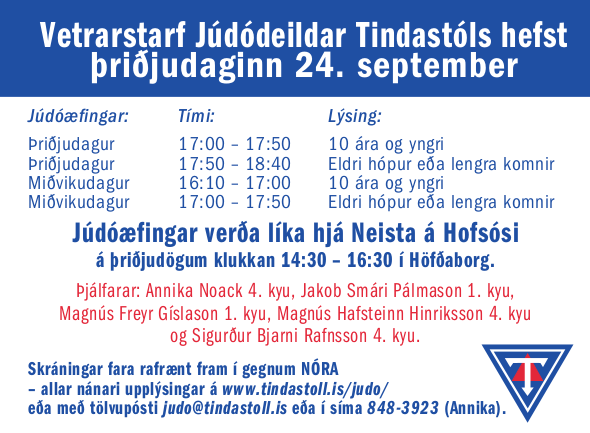 Júdóæfingar hefjast þriðjudaginn 24. september