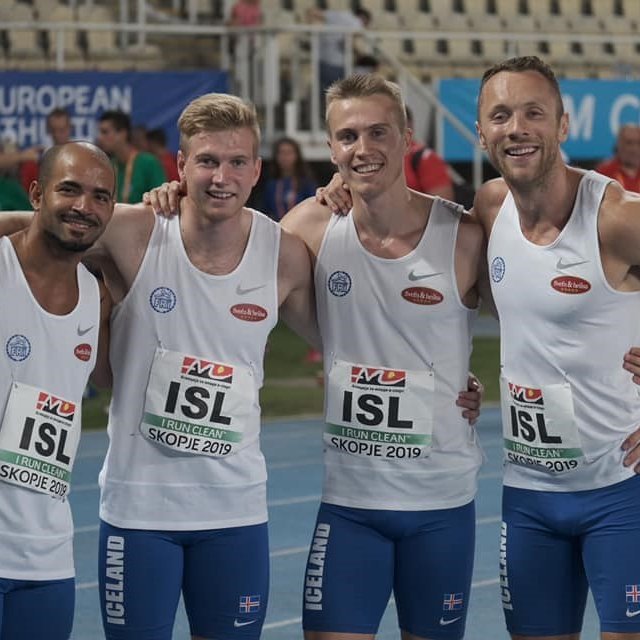 Sigursveitin í 4x100m. Juan Ramon, Jóhann Björn, Kolbeinn Höður og Ari Bragi.       (Mynd: FRÍ).