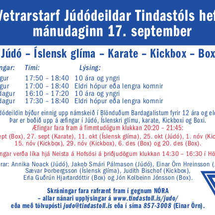 Júdóæfingar hefjast mánudaginn 17. september