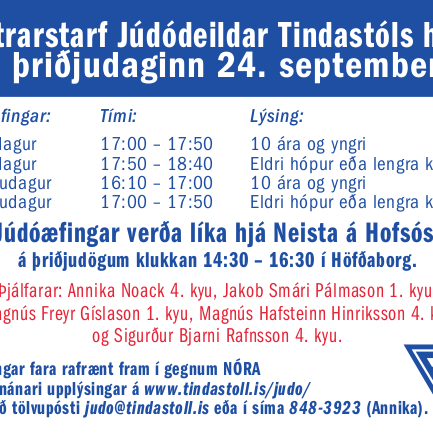 Júdóæfingar hefjast þriðjudaginn 24. september